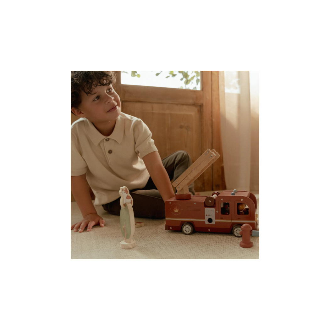 Wóz Strażacki - Drewniane Autko z Rozkładaną Drabiną, Strażakiem i Ogniem - Little Dutch