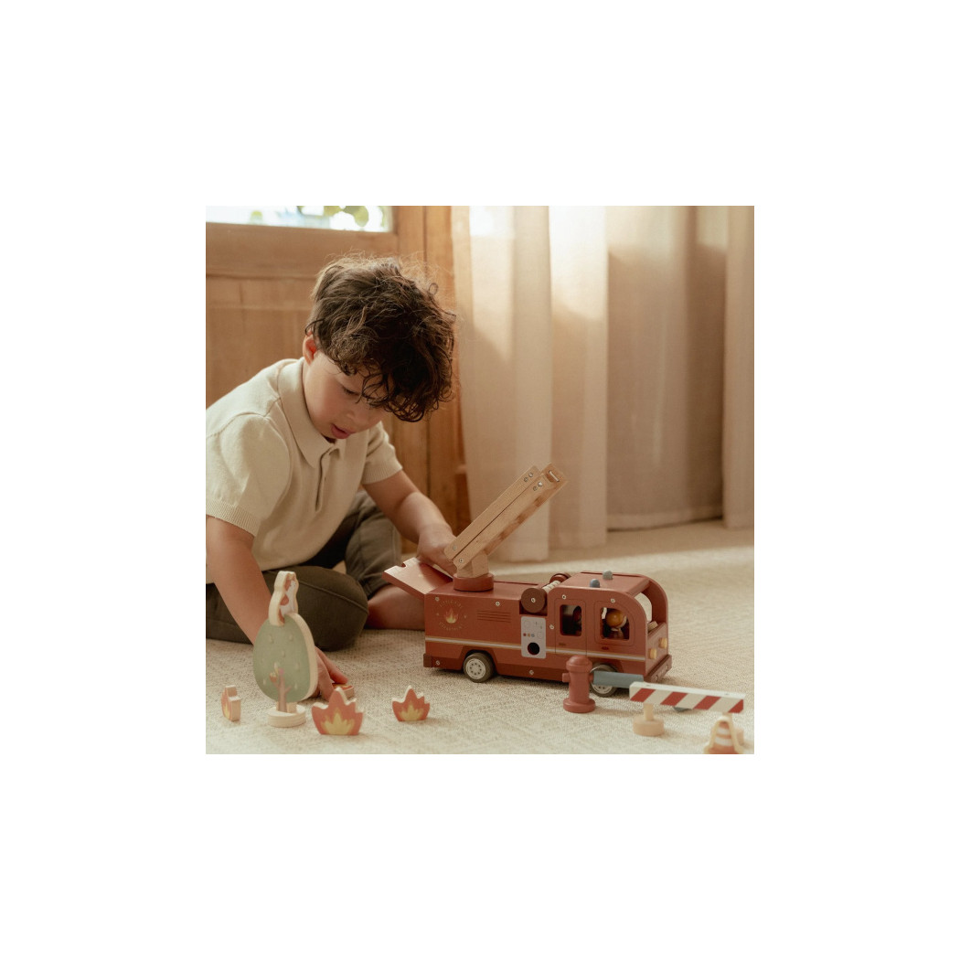 Wóz Strażacki - Drewniane Autko z Rozkładaną Drabiną, Strażakiem i Ogniem - Little Dutch