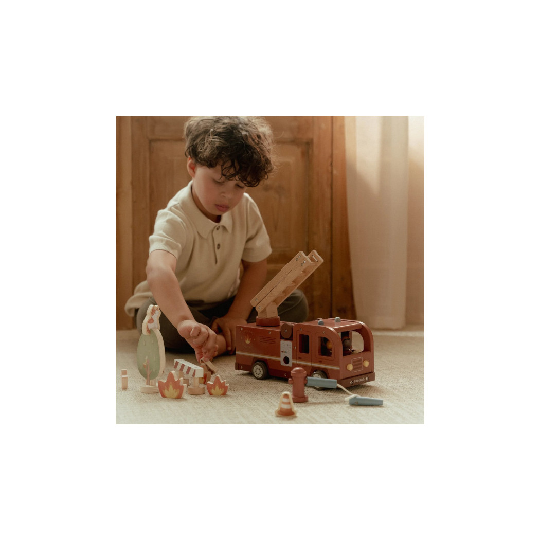 Wóz Strażacki - Drewniane Autko z Rozkładaną Drabiną, Strażakiem i Ogniem - Little Dutch