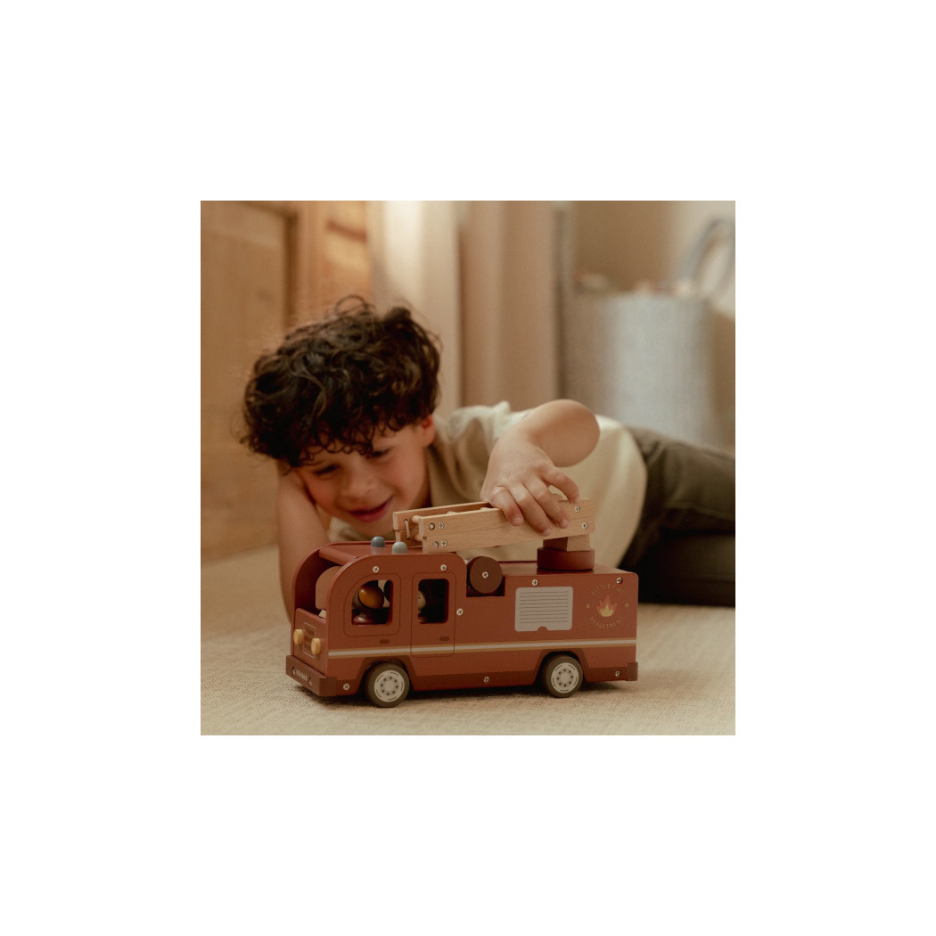 Wóz Strażacki - Drewniane Autko z Rozkładaną Drabiną, Strażakiem i Ogniem - Little Dutch