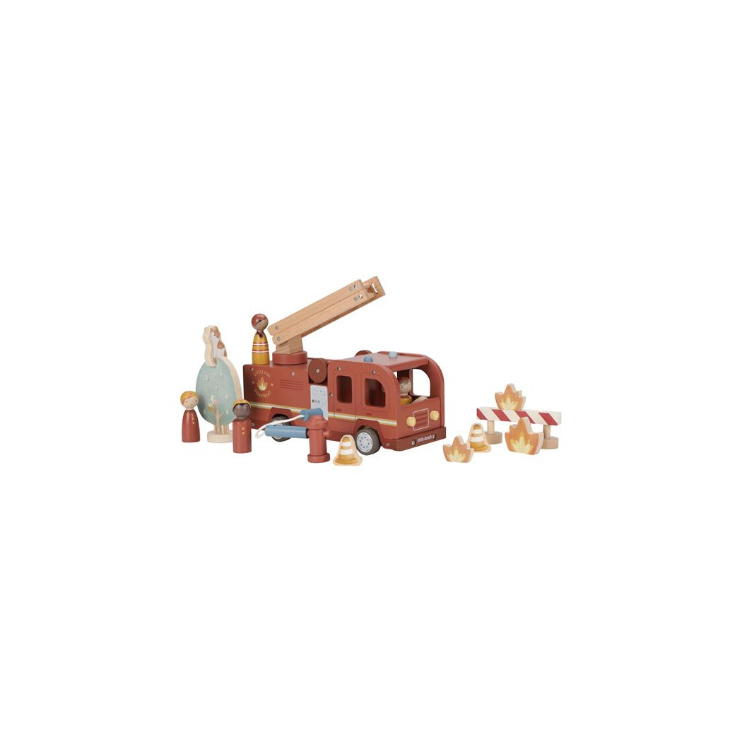 Wóz Strażacki - Drewniane Autko z Rozkładaną Drabiną, Strażakiem i Ogniem - Little Dutch