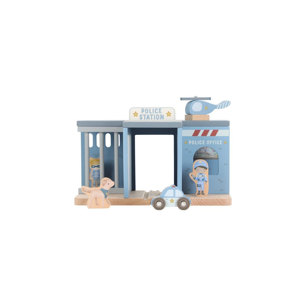 Posterunek Policji - Drewniany Zestaw z Helikopterem, Autem, Figurką Policjanta i Złodzieja - Little Dutch