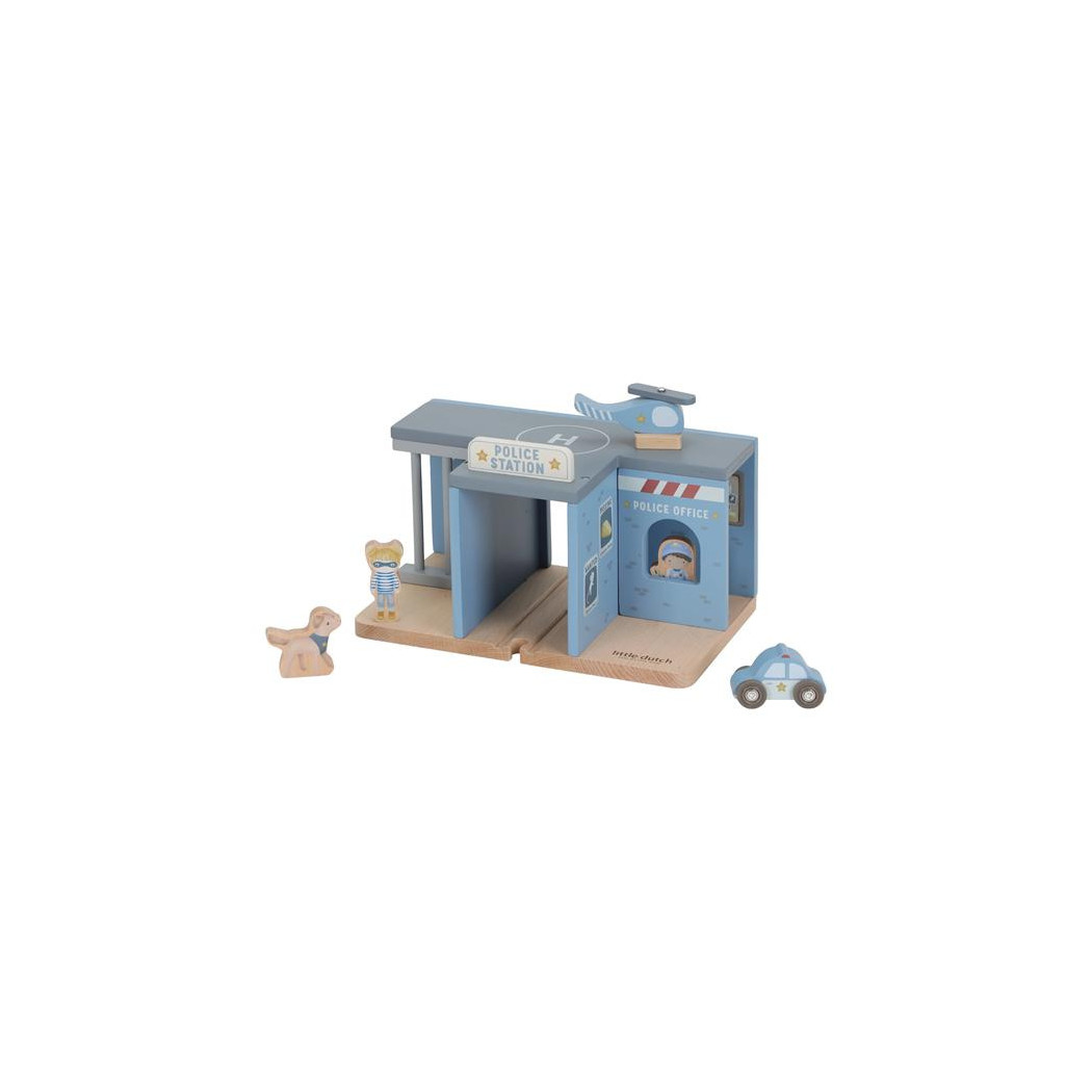 Posterunek Policji - Drewniany Zestaw z Helikopterem, Autem, Figurką Policjanta i Złodzieja - Little Dutch