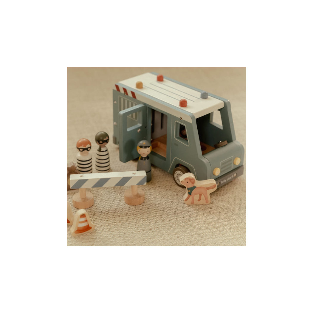 Wóz Policyjny z Figurkami - Drewniane Auto Więźniarka z Otwieranymi Drzwiami i Celą - Little Dutch