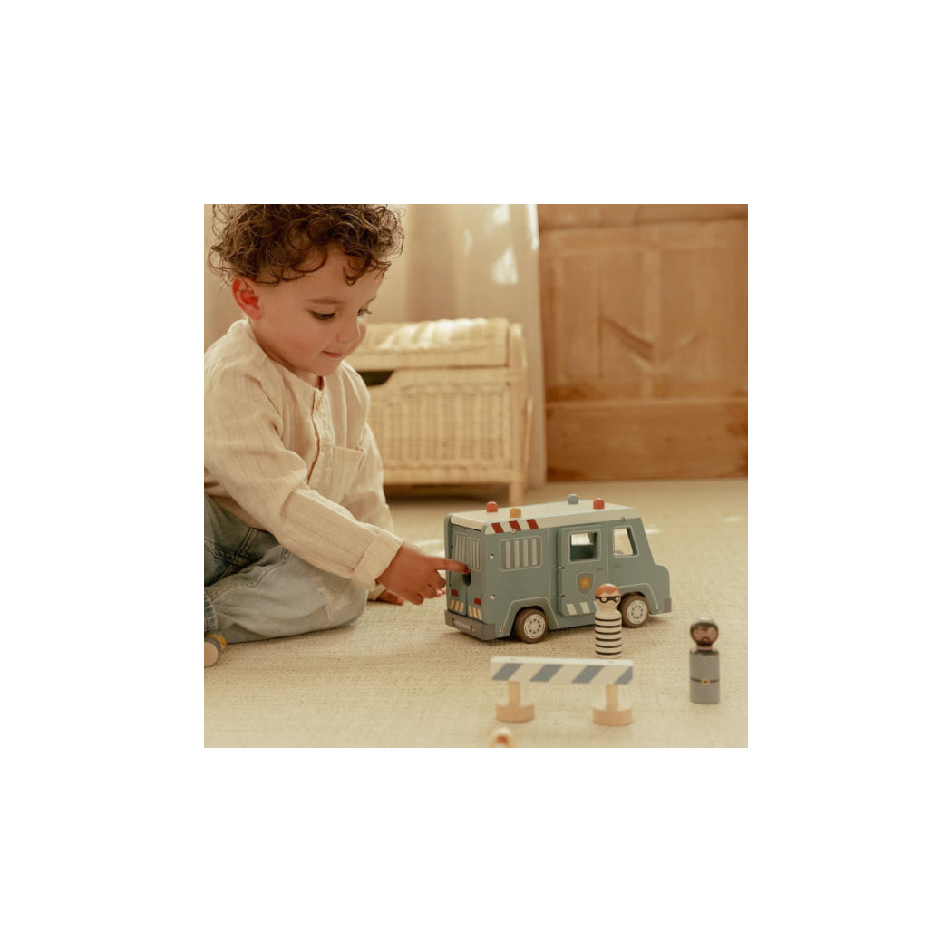 Wóz Policyjny z Figurkami - Drewniane Auto Więźniarka z Otwieranymi Drzwiami i Celą - Little Dutch