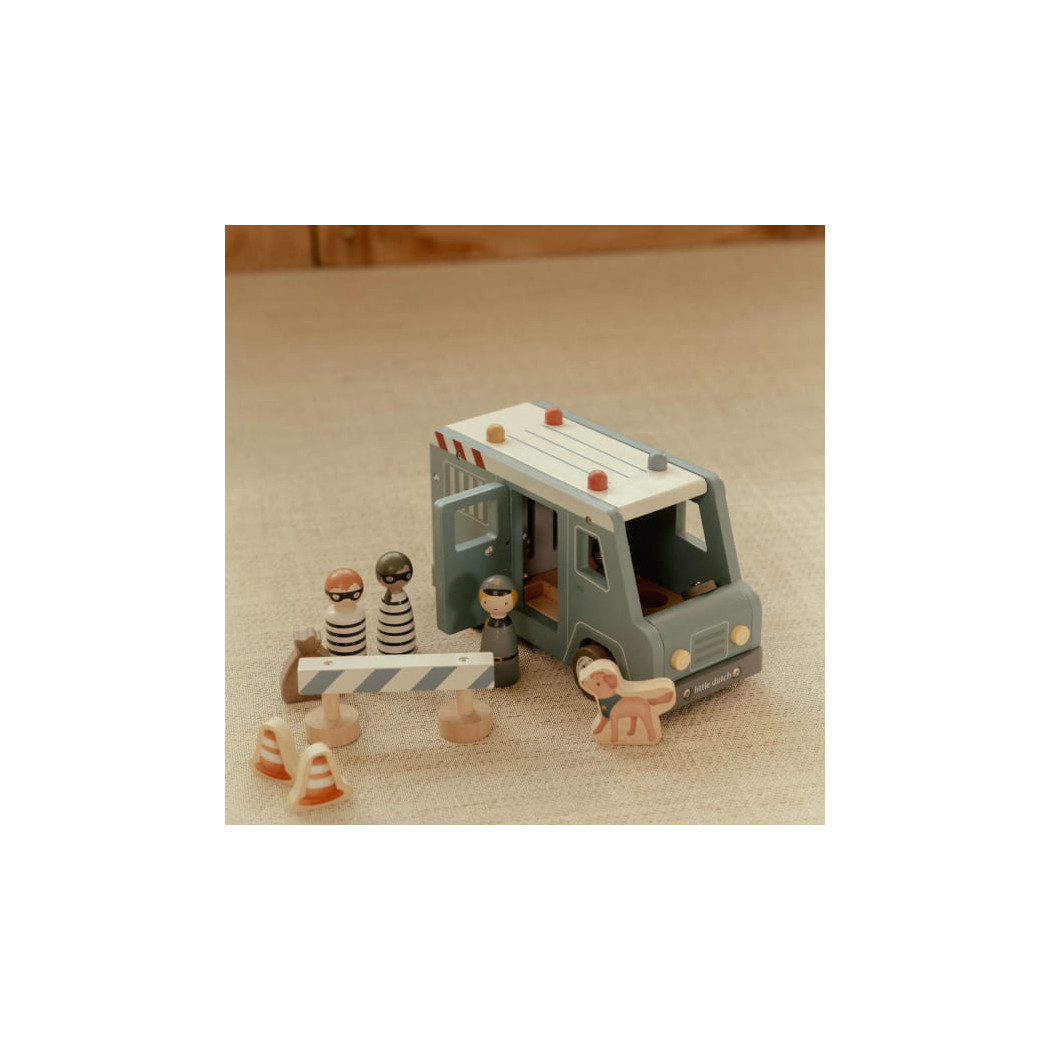 Wóz Policyjny z Figurkami - Drewniane Auto Więźniarka z Otwieranymi Drzwiami i Celą - Little Dutch