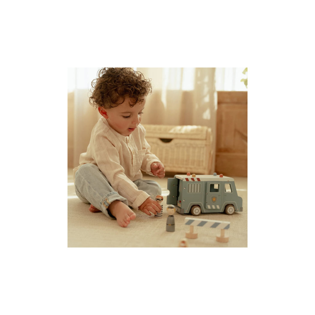 Wóz Policyjny z Figurkami - Drewniane Auto Więźniarka z Otwieranymi Drzwiami i Celą - Little Dutch