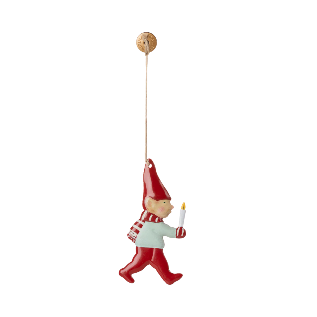 Krasnal Pixy ze Świecą  - Dekoracja Bożonarodzeniowa - Metalowa Ozdoba - Zawieszka - Maileg