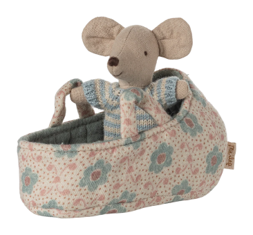 Myszka Dzidziuś w Niebieskim Nosidełku - Niemowlę w Gondoli - Baby Mouse - Maileg