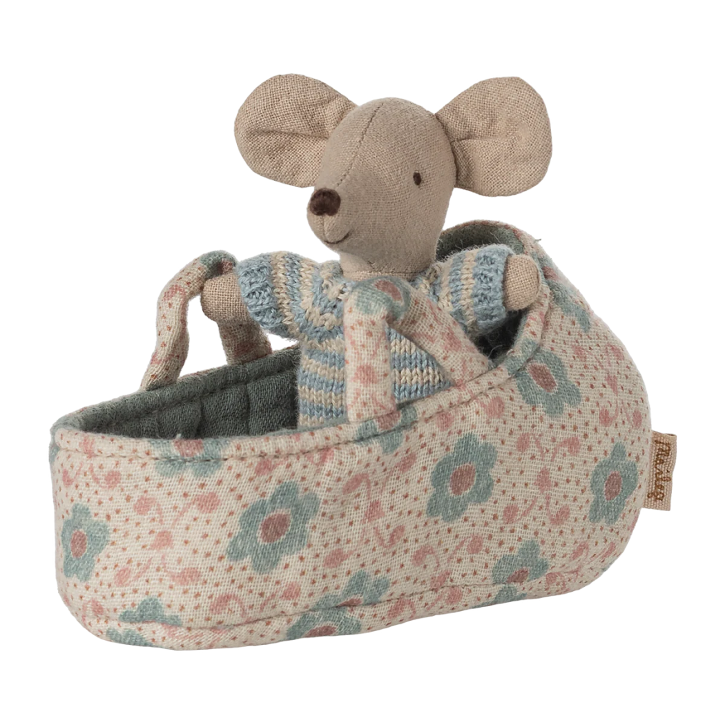 Myszka Dzidziuś w Niebieskim Nosidełku - Niemowlę w Gondoli - Baby Mouse - Maileg