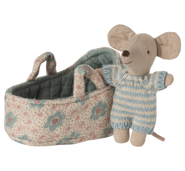 Myszka Dzidziuś w Niebieskim Nosidełku - Niemowlę w Gondoli - Baby Mouse - Maileg