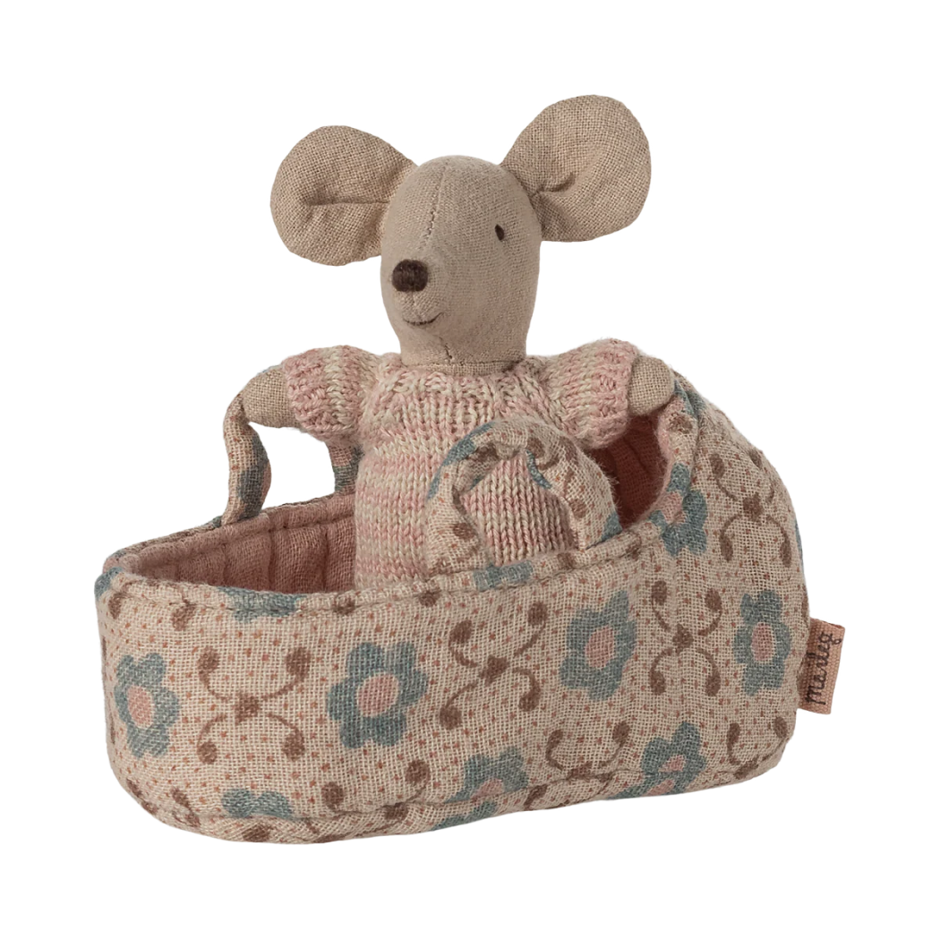 Myszka Dzidziuś w Różowym Nosidełku - Niemowlę w Gondoli - Baby Mouse - Maileg