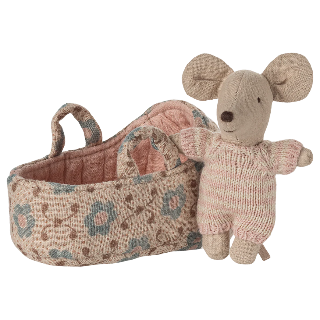 Myszka Dzidziuś w Różowym Nosidełku - Niemowlę w Gondoli - Baby Mouse - Maileg