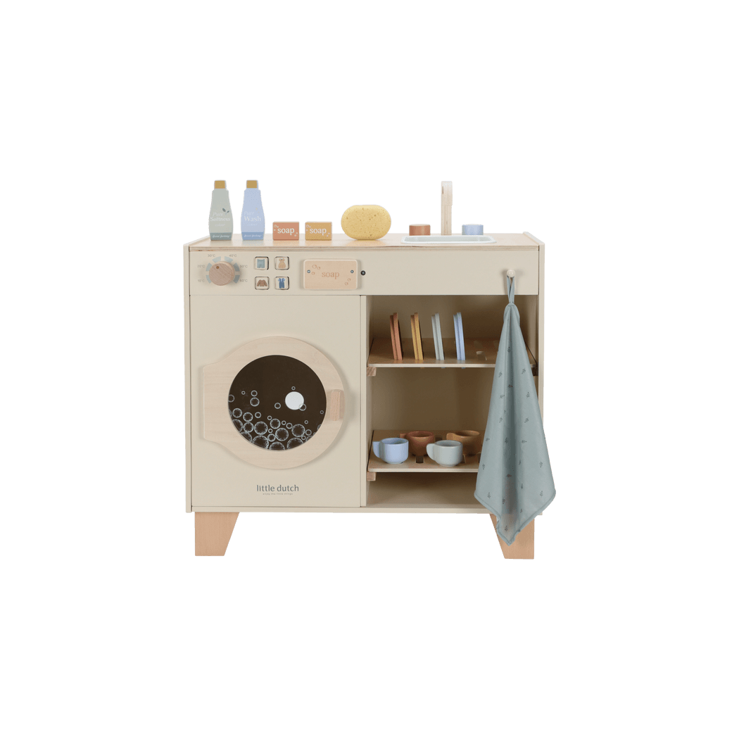 Pralka i Zlew - Duża Zabawka Drewniana - Odgrywanie Ról - Naczynia i Detergenty - Little Dutch