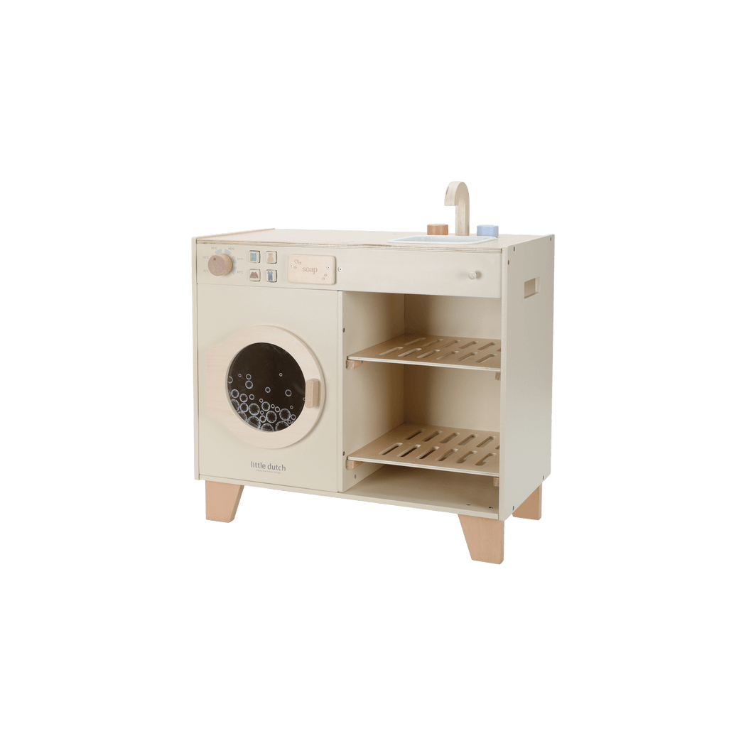 Pralka i Zlew - Duża Zabawka Drewniana - Odgrywanie Ról - Naczynia i Detergenty - Little Dutch