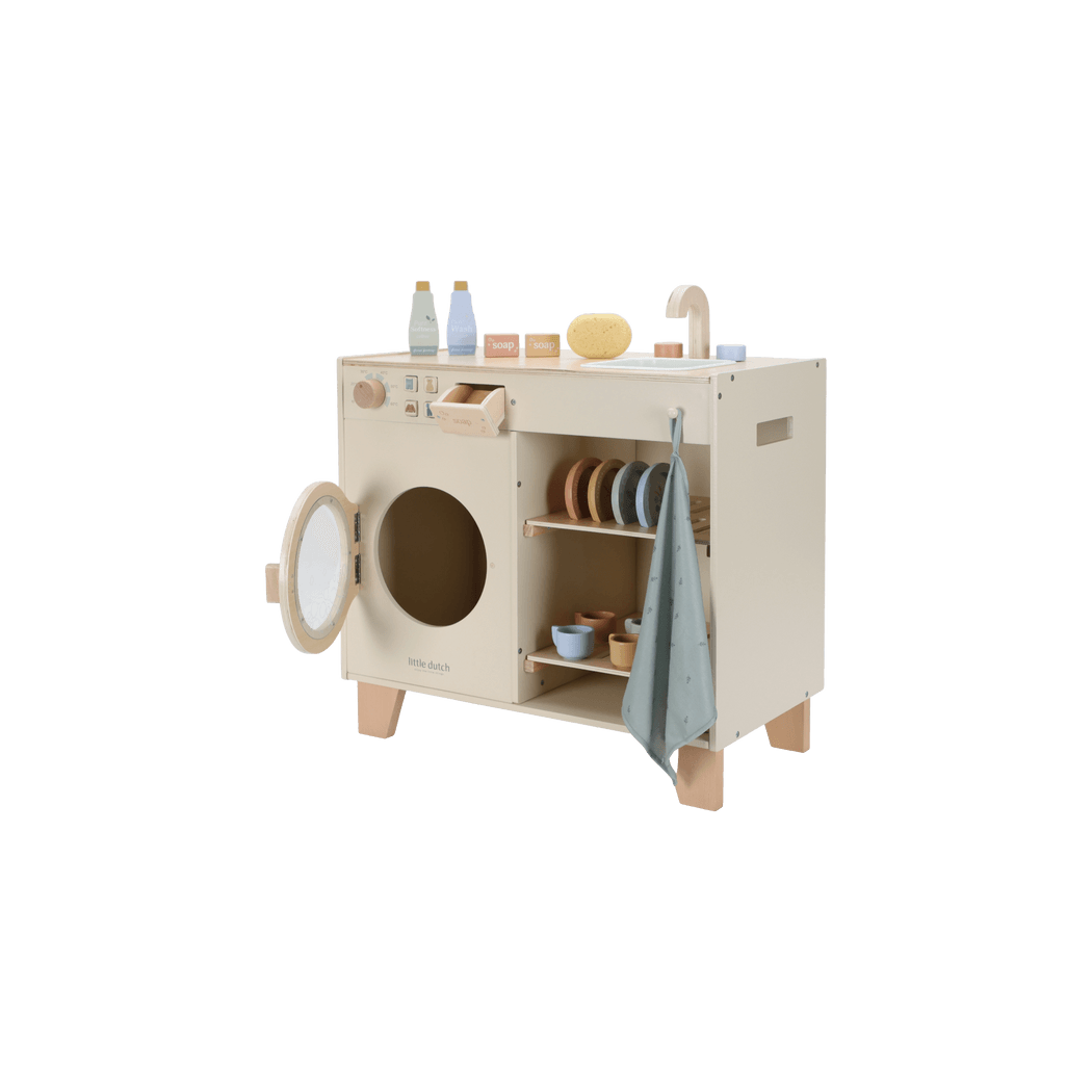 Pralka i Zlew - Duża Zabawka Drewniana - Odgrywanie Ról - Naczynia i Detergenty - Little Dutch