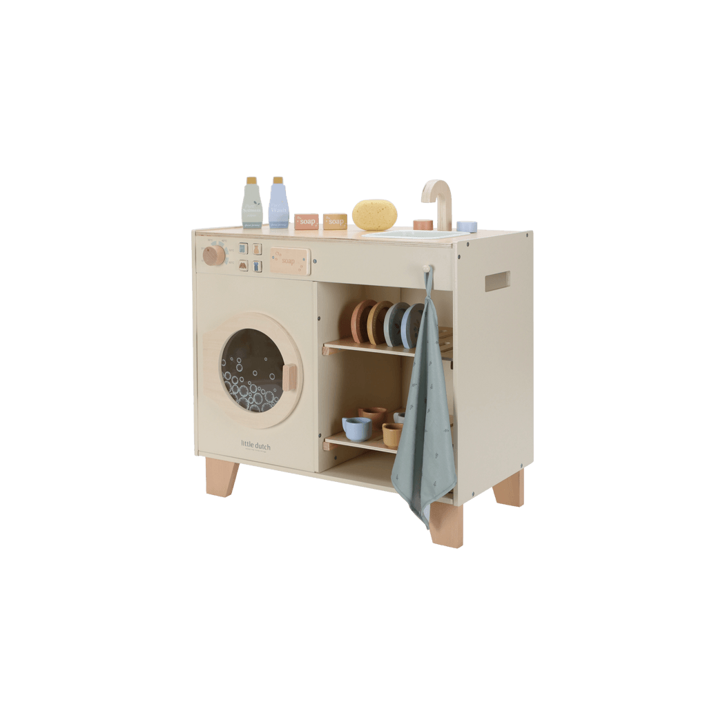 Pralka i Zlew - Duża Zabawka Drewniana - Odgrywanie Ról - Naczynia i Detergenty - Little Dutch