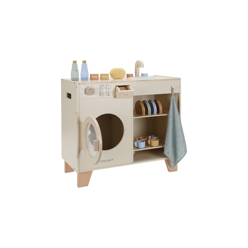 Pralka i Zlew - Duża Zabawka Drewniana - Odgrywanie Ról - Naczynia i Detergenty - Little Dutch