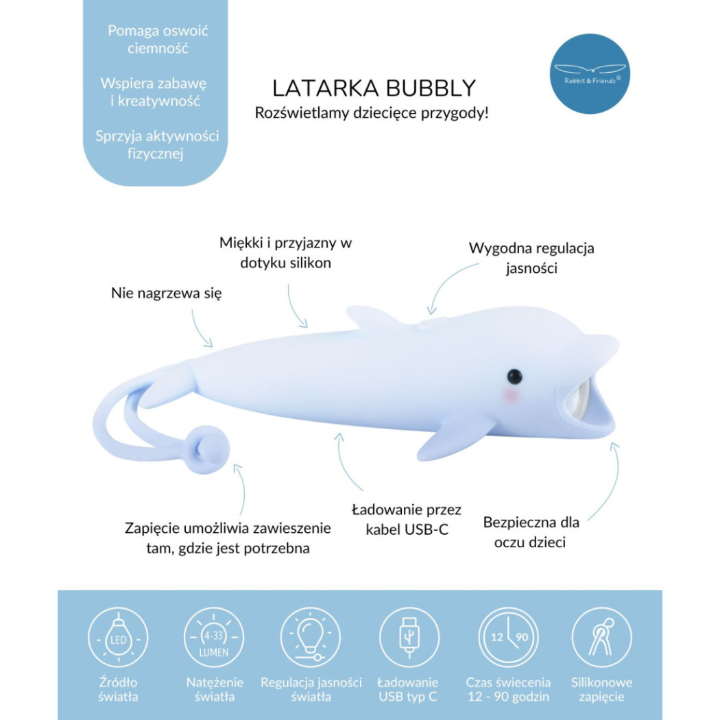 Latarka Delfin Bubbly - Latarka dla Dzieci z Zawieszką - Rabbit & Friends