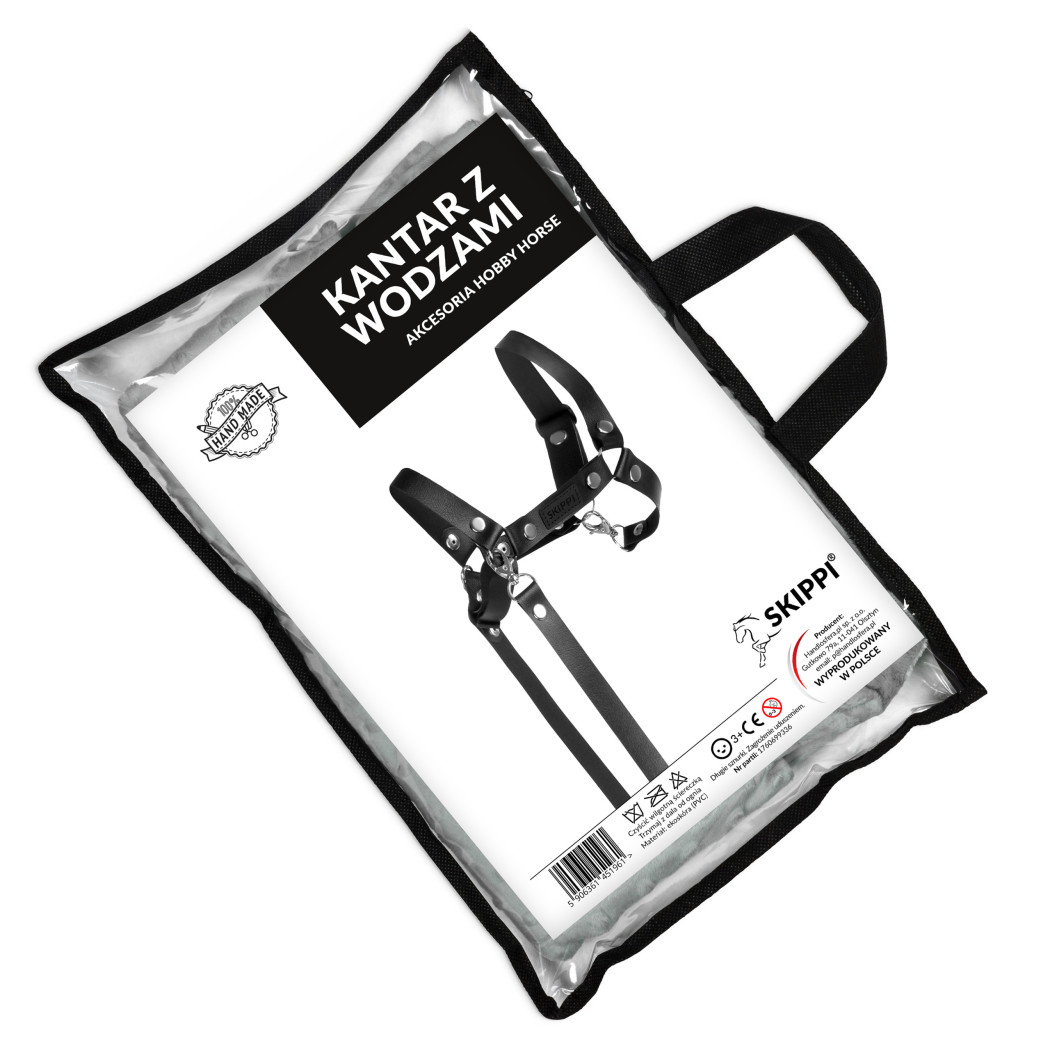 Czarny z Ekoskóry - Kantar/Wodze dla Hobby Horse / Konika na Kiju na Patyku - Skippi