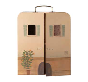 SuitCasa - Mały Domek dla Myszek z Rączką - Przenośny Domek Tekturowy z Dwoma Łóżkami z Pościelą - Maileg