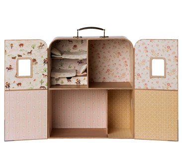 SuitCasa - Mały Domek dla Myszek z Rączką - Przenośny Domek Tekturowy z Dwoma Łóżkami z Pościelą - Maileg