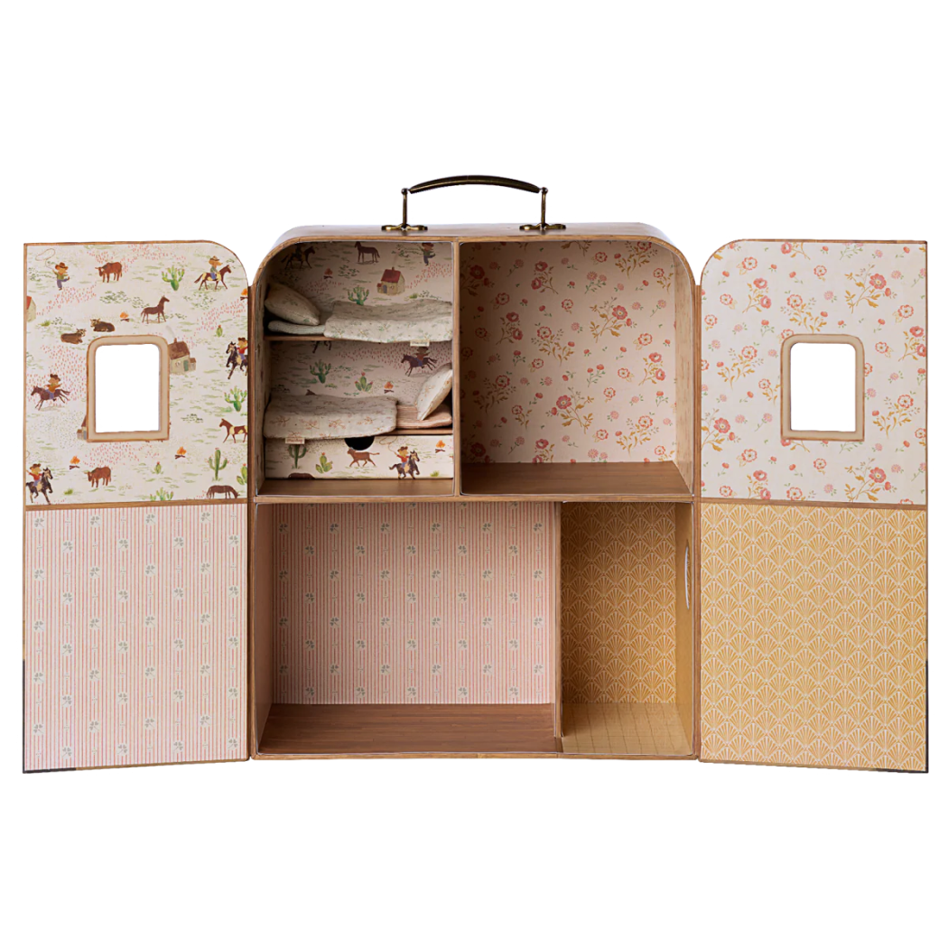 SuitCasa - Mały Domek dla Myszek z Rączką - Przenośny Domek Tekturowy z Dwoma Łóżkami z Pościelą - Maileg