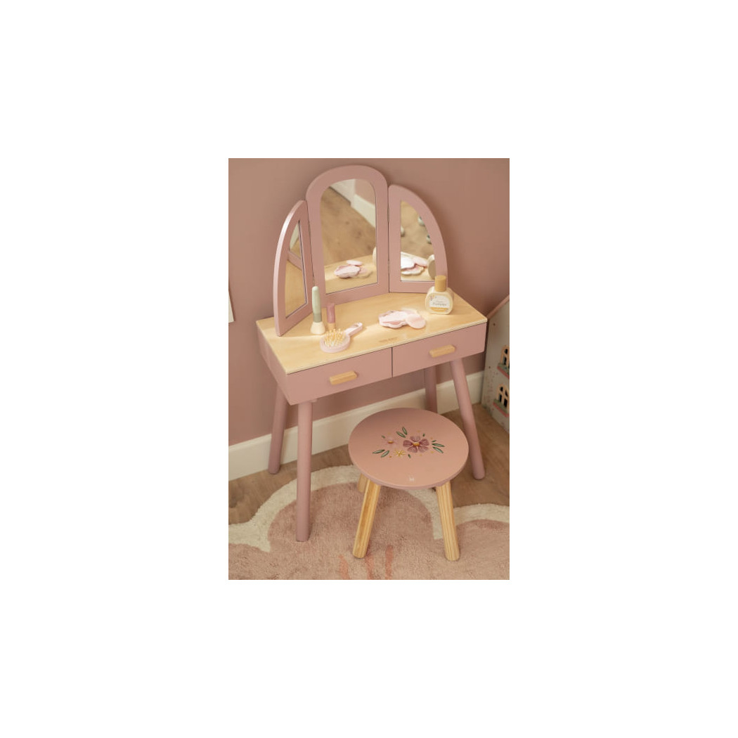 Duża Drewniana Toaletka dla Dzieci z Taboretem - Małe Biurko z Szufladami i Lustrem oraz Kosmetykami - Little Dutch