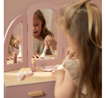 Duża Drewniana Toaletka dla Dzieci z Taboretem - Małe Biurko z Szufladami i Lustrem oraz Kosmetykami - Little Dutch