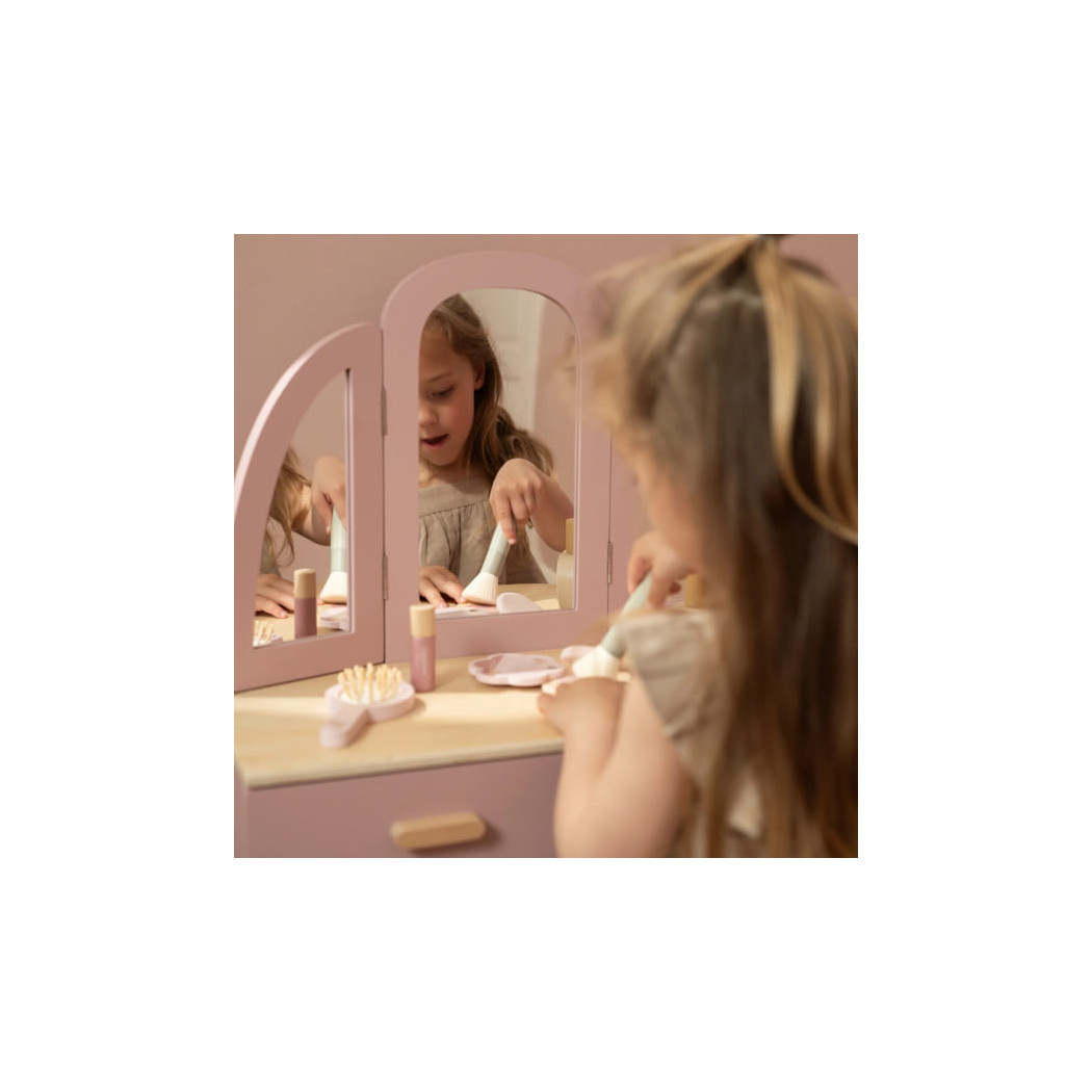 Duża Drewniana Toaletka dla Dzieci z Taboretem - Małe Biurko z Szufladami i Lustrem oraz Kosmetykami - Little Dutch