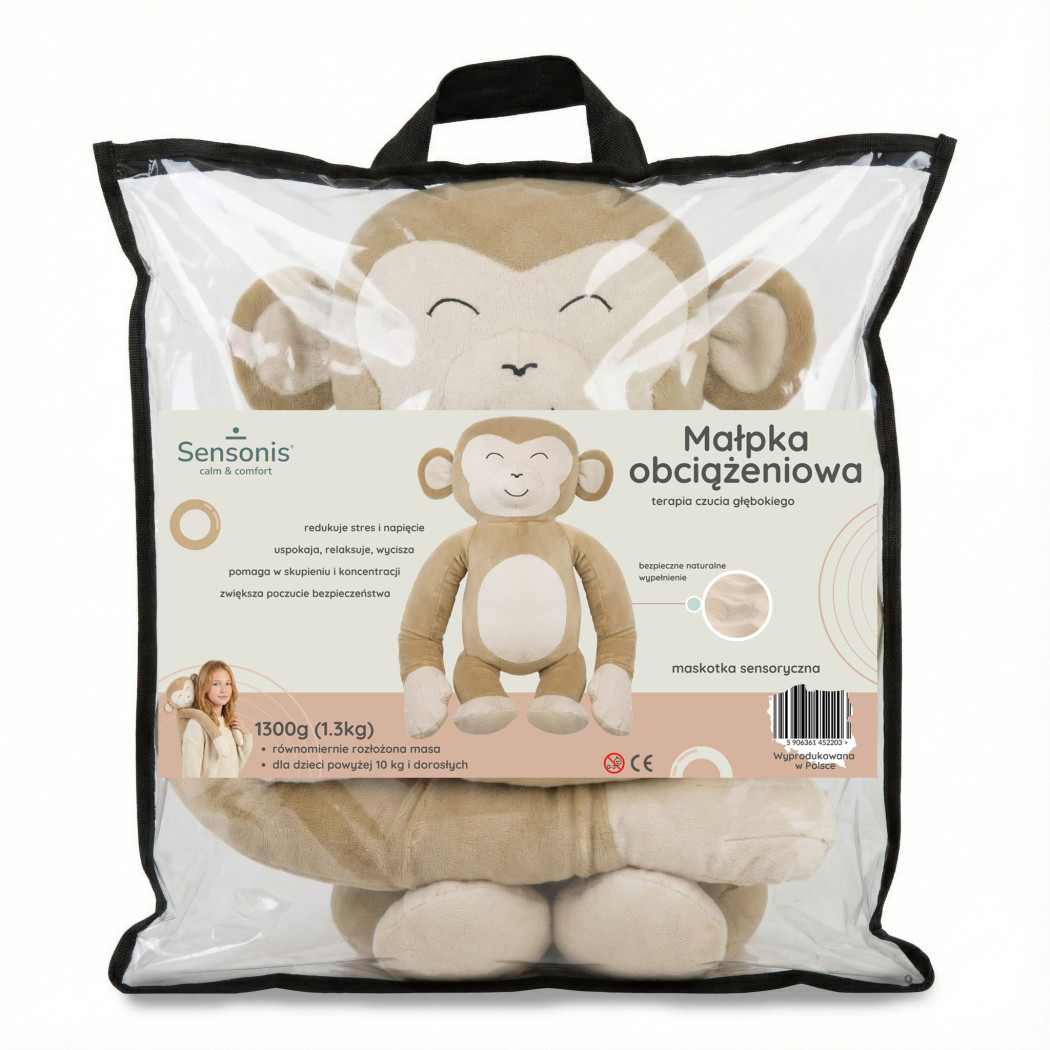 Małpka - Pluszak Obciążeniowy 1300g - Maskotka Sensoryczna z Obciążeniem - Stabilizator dla Dziecka - Sensonis