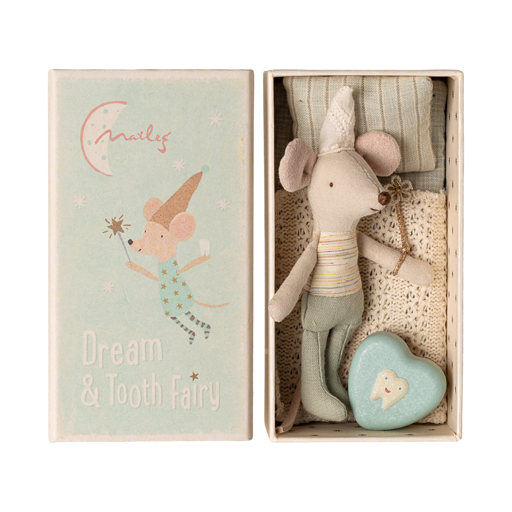 Miętowa Myszka Wróżka Zębuszka Chłopiec w Pudełku od Zapałek z Pudełeczkiem na Ząbek - Młodszy Brat - Maileg