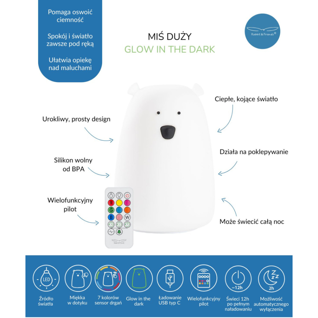 Fluorescencyjna Lampka Miś - Duża Nocna Lampka Silikonowa - z Pilotem - Rabbit & Friends