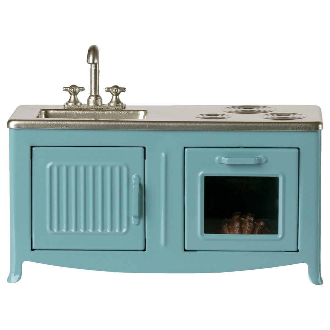 Niebieska Kuchnia dla Myszek - Metalowa Kuchnia ze Zlewem i Piekarnikiem do Myszkowego Domku - Maileg