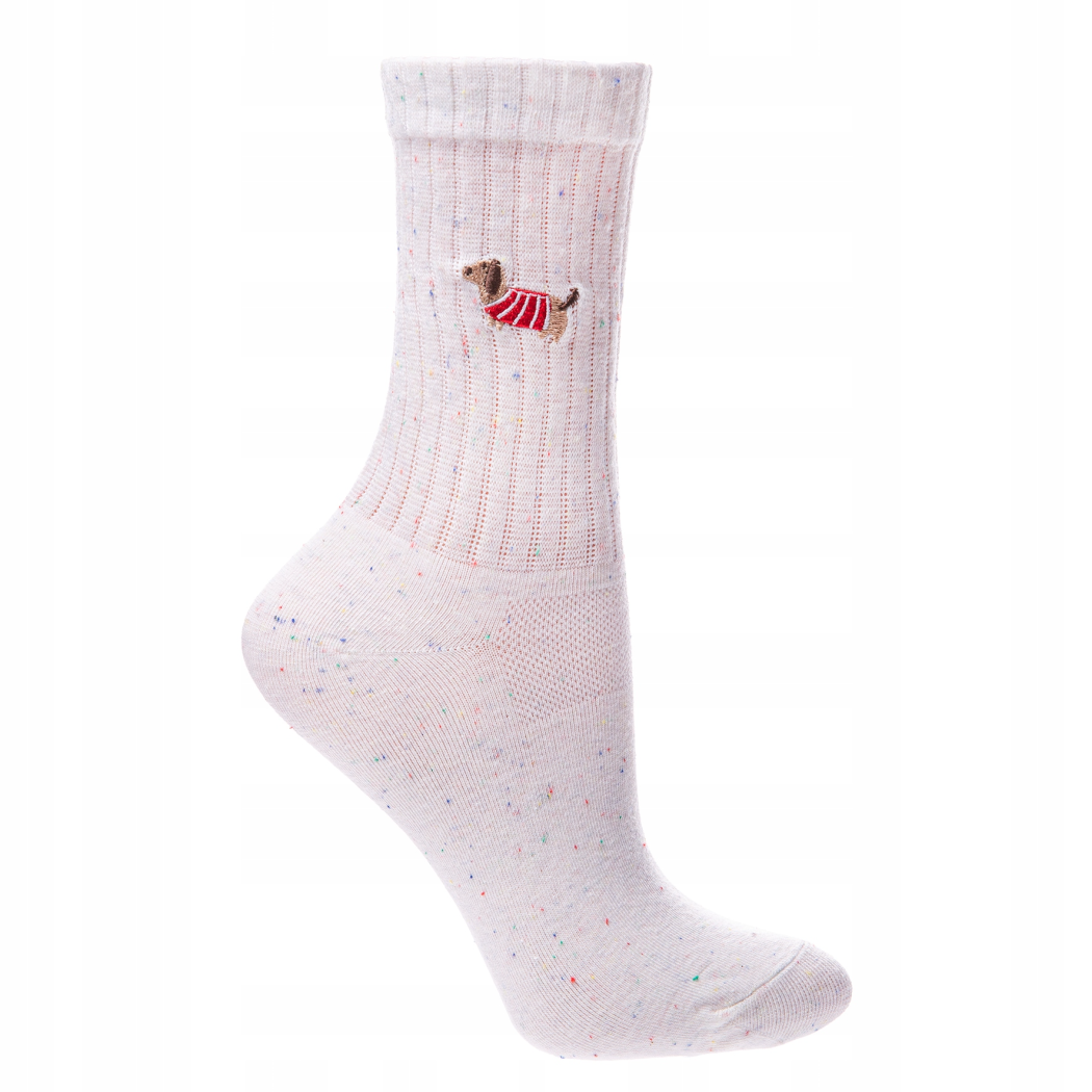 Lastryko - 35-38 - Śmietankowe Prążkowane Skarpety z Haftowanym Jamnikiem - Moraj