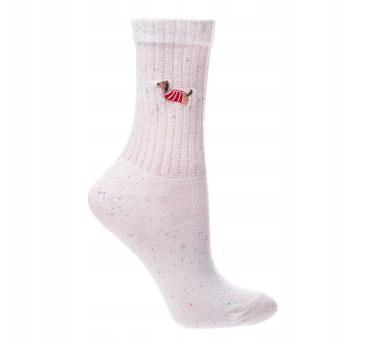 Lastryko - 38-41 - Śmietankowe Prążkowane Skarpety z Haftowanym Jamnikiem - Moraj
