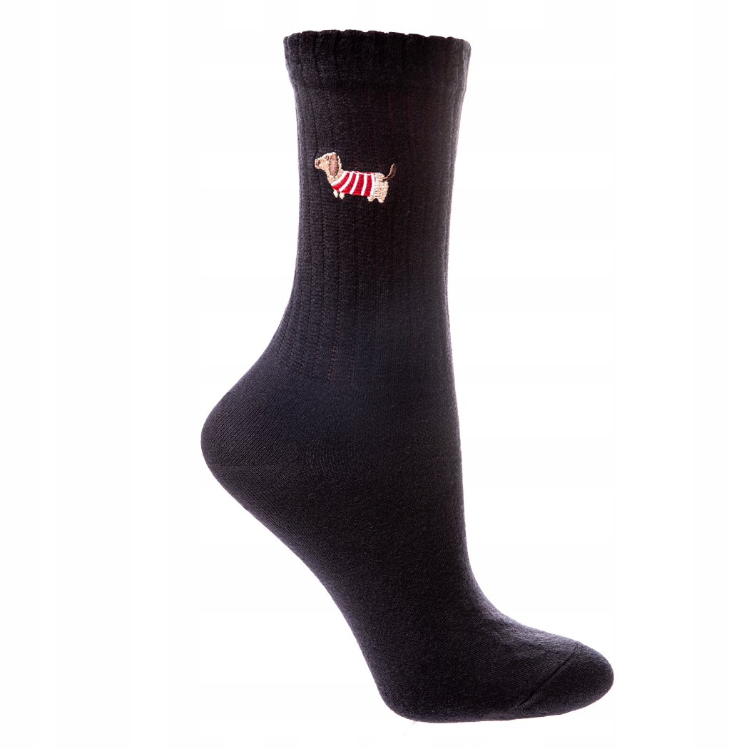 Czarne - 35-38 - Prążkowane Skarpety z Haftowanym Jamnikiem - Moraj