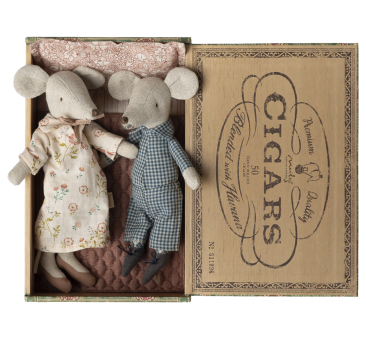 Babcia i Dziadek Myszka w Pudełku po Cygarach - Łóżko z Pudełka z Posłaniem - Maileg