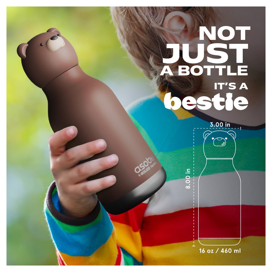 Niedźwiedź Honey - Butelka Termiczna 460 ml ze Słomką z Motywem Misia - Brązowa Bestie Bottle - Asobu