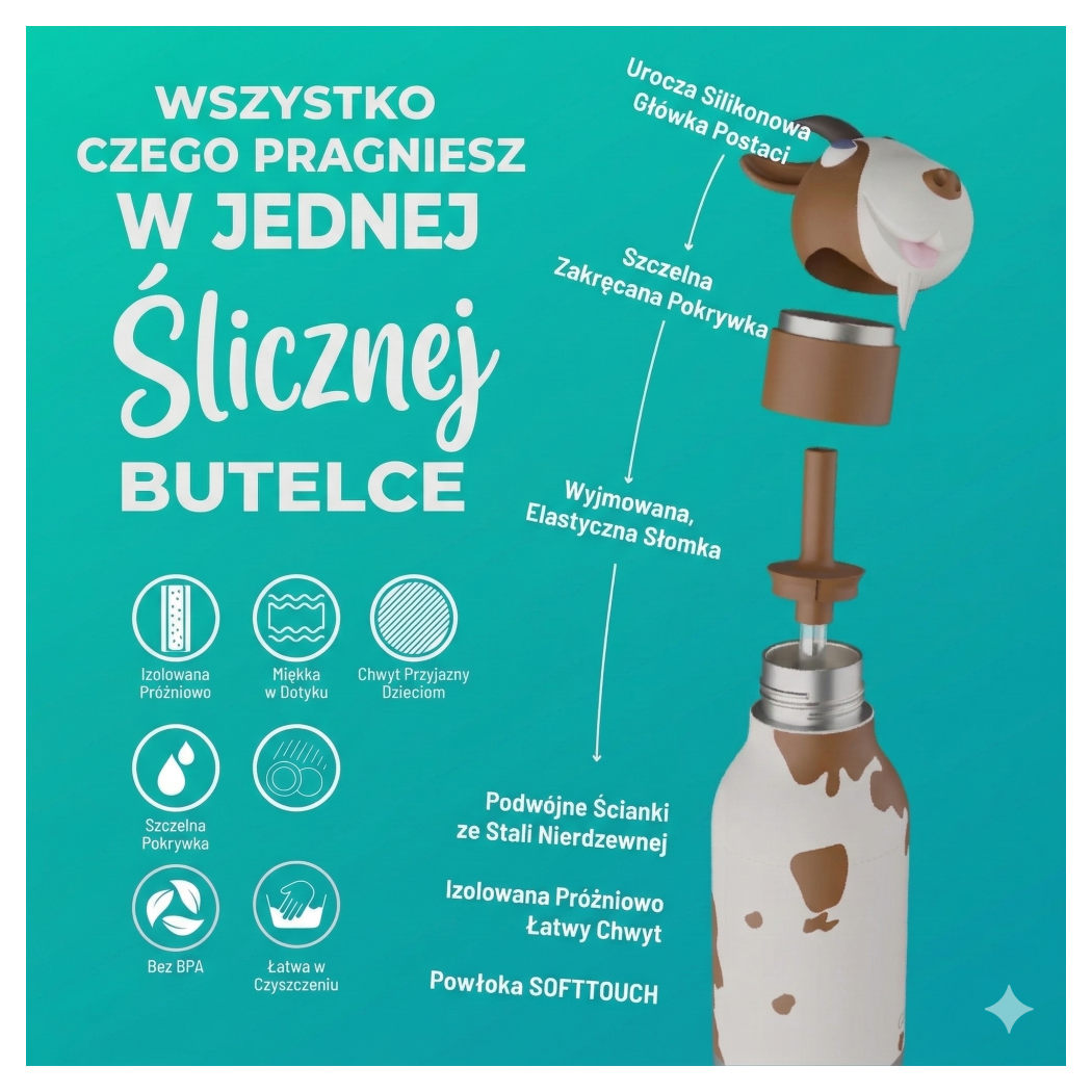 Koza Mabel - Butelka Termiczna 460 ml ze Słomką z Motywem Kozy - Łaciata Bestie Bottle - Asobu