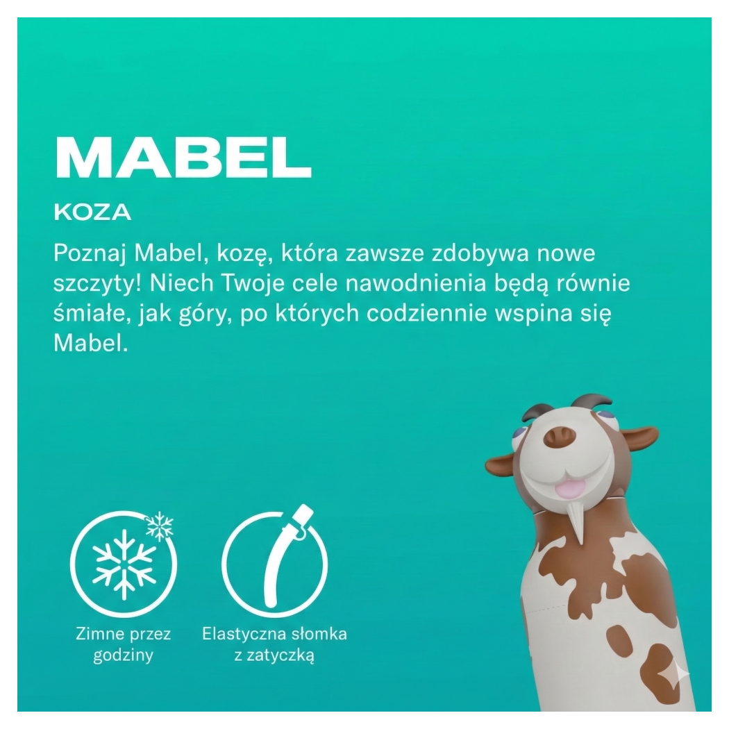 Koza Mabel - Butelka Termiczna 460 ml ze Słomką z Motywem Kozy - Łaciata Bestie Bottle - Asobu
