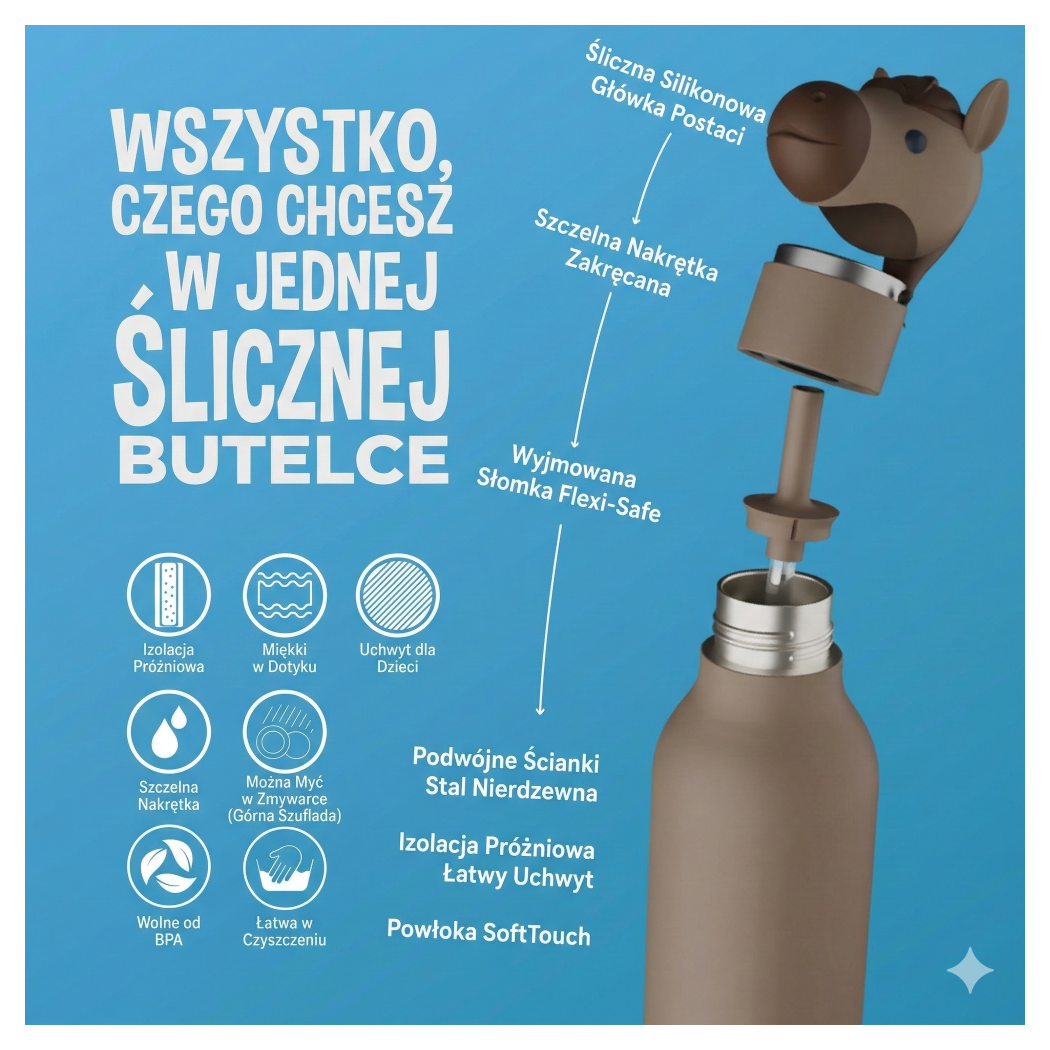 Koń Hazel - Butelka Termiczna 460 ml ze Słomką z Motywem Konika - Brązowa Bestie Bottle - Asobu