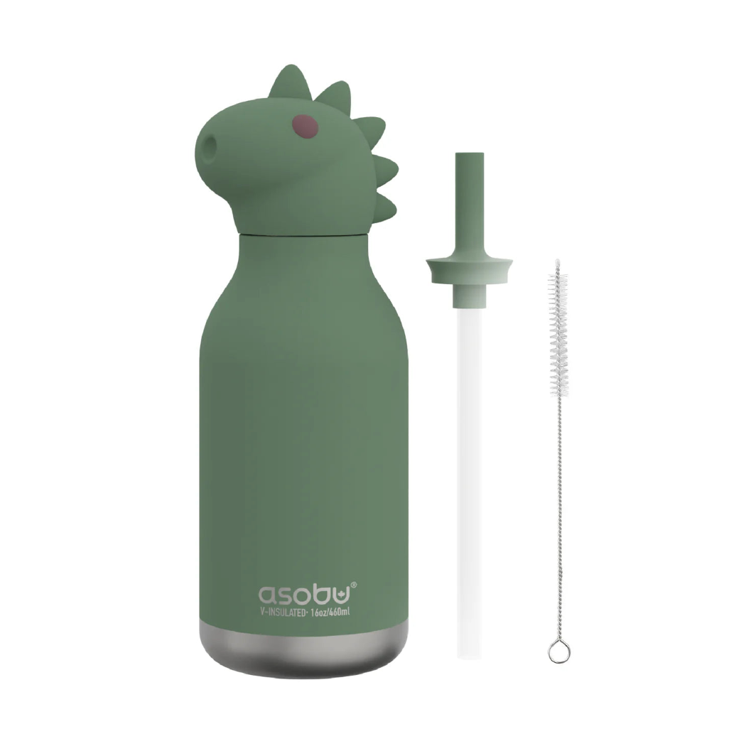 Dinozaur Cillian - Butelka Termiczna 460 ml ze Słomką z Motywem Dinozaura - Zielona Bestie Bottle - Asobu