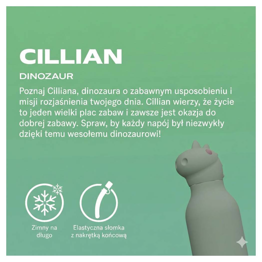 Dinozaur Cillian - Butelka Termiczna 460 ml ze Słomką z Motywem Dinozaura - Zielona Bestie Bottle - Asobu