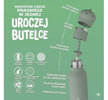 Dinozaur Cillian - Butelka Termiczna 460 ml ze Słomką z Motywem Dinozaura - Zielona Bestie Bottle - Asobu