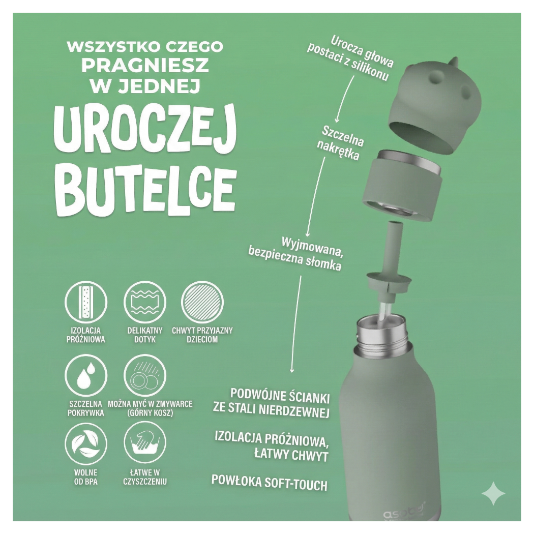 Dinozaur Cillian - Butelka Termiczna 460 ml ze Słomką z Motywem Dinozaura - Zielona Bestie Bottle - Asobu