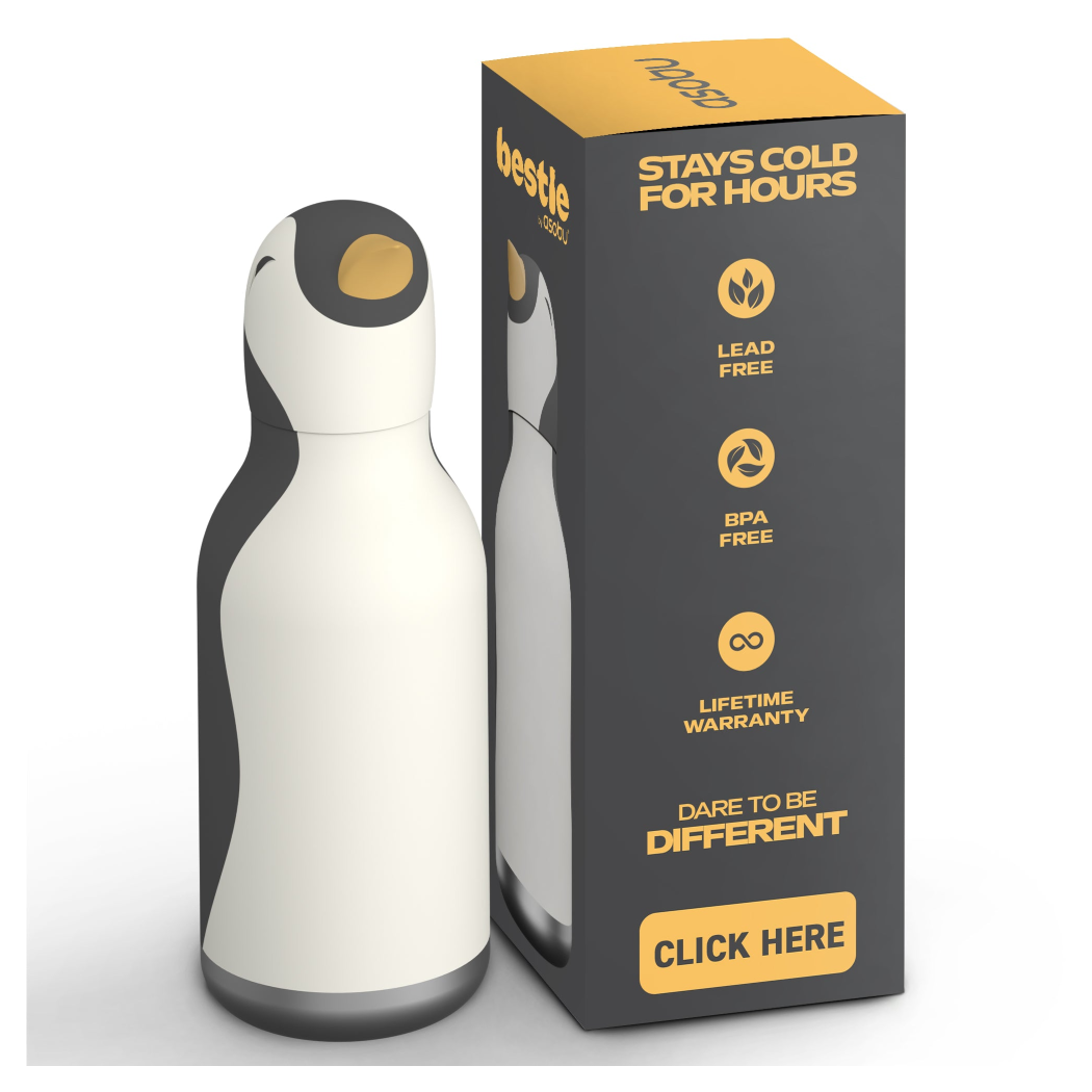 Pingwin Arlo - Butelka Termiczna 460 ml ze Słomką z Motywem Pingwina - Biało-Czarna Bestie Bottle - Asobu