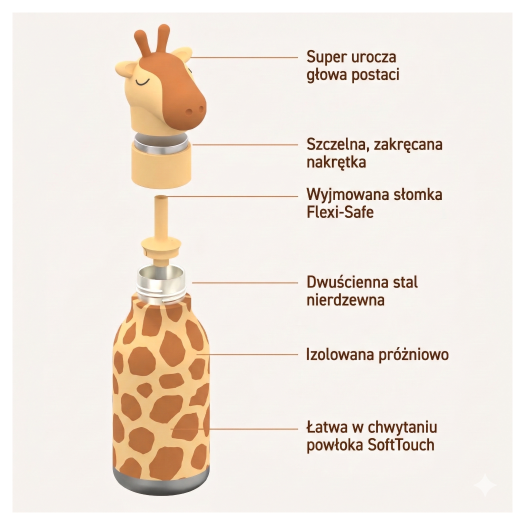 Żyrafa Gerry - Butelka Termiczna 460 ml ze Słomką z Motywem Żyrafy - Żółta Bestie Bottle - Asobu
