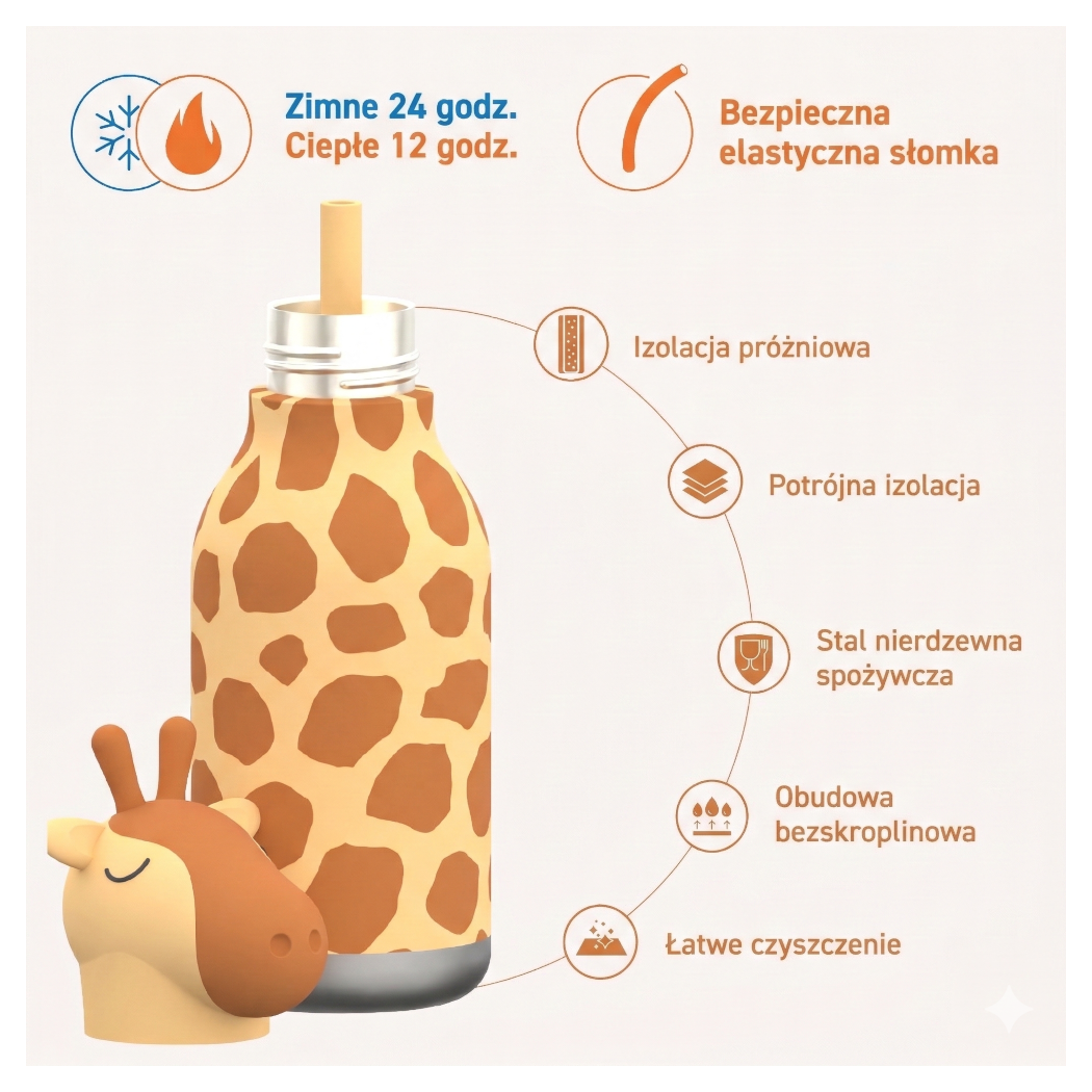 Żyrafa Gerry - Butelka Termiczna 460 ml ze Słomką z Motywem Żyrafy - Żółta Bestie Bottle - Asobu