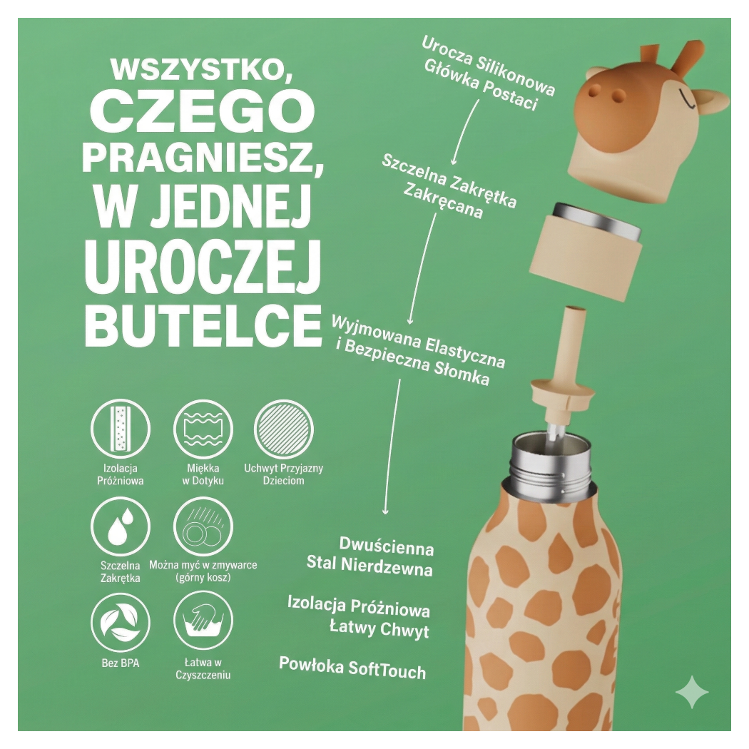 Żyrafa Gerry - Butelka Termiczna 460 ml ze Słomką z Motywem Żyrafy - Żółta Bestie Bottle - Asobu